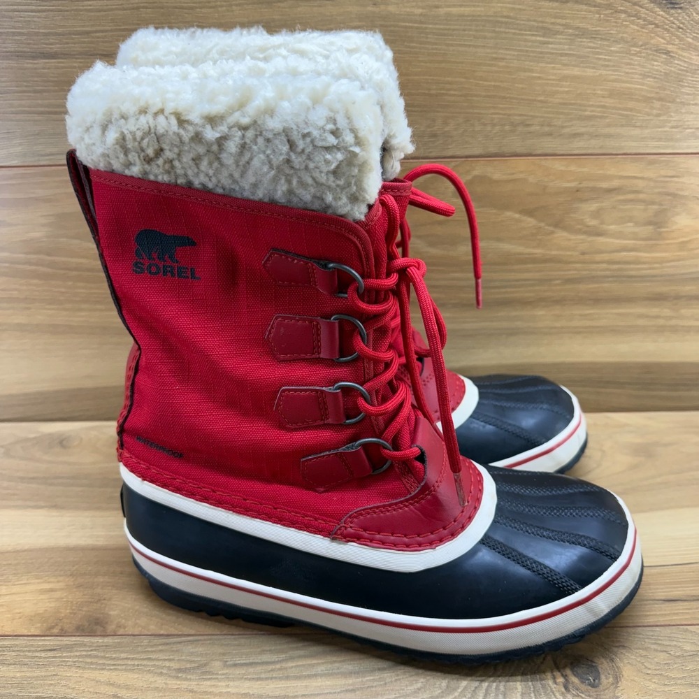 Sorel Carnival Snow Boots Womens 8.5 Red Black Sherpa Insulated Cozy Gorpcore
